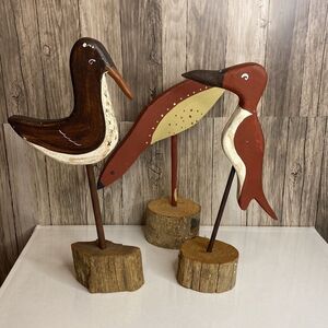 Set of 3 rustic hand-carved and painted wooden birds
